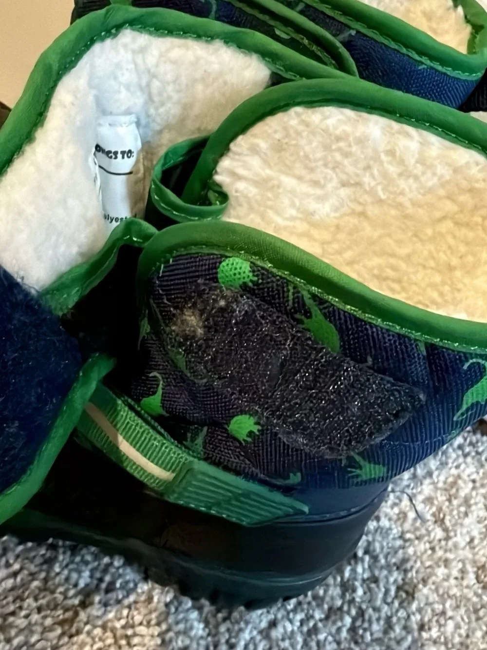 Kids Navy and Green Dinosaur Snow Boots with Insulated Lining